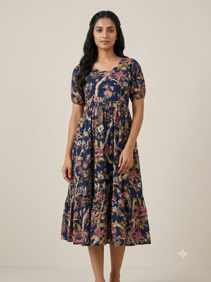 Mul Cotton Midnight Navy Vintage Floral Vine Print Non-Feeding Maxi