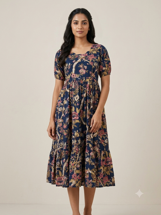 Mul Cotton Midnight Navy Vintage Floral Vine Print Non-Feeding Maxi