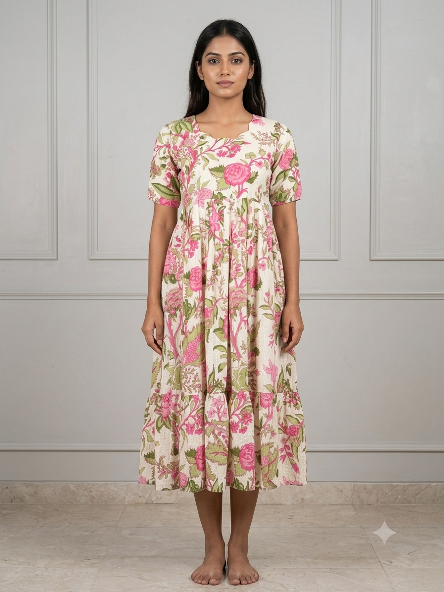 Mul Cotton Ivory Cream Pink Floral Garden Print Non Feeding Maxi