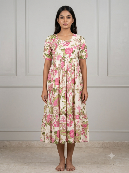 Mul Cotton Ivory Cream Pink Floral Garden Print Non Feeding Maxi