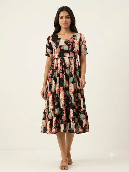 Mul Cotton Midnight Black Abstract Botanical Print Non Feeding Maxi