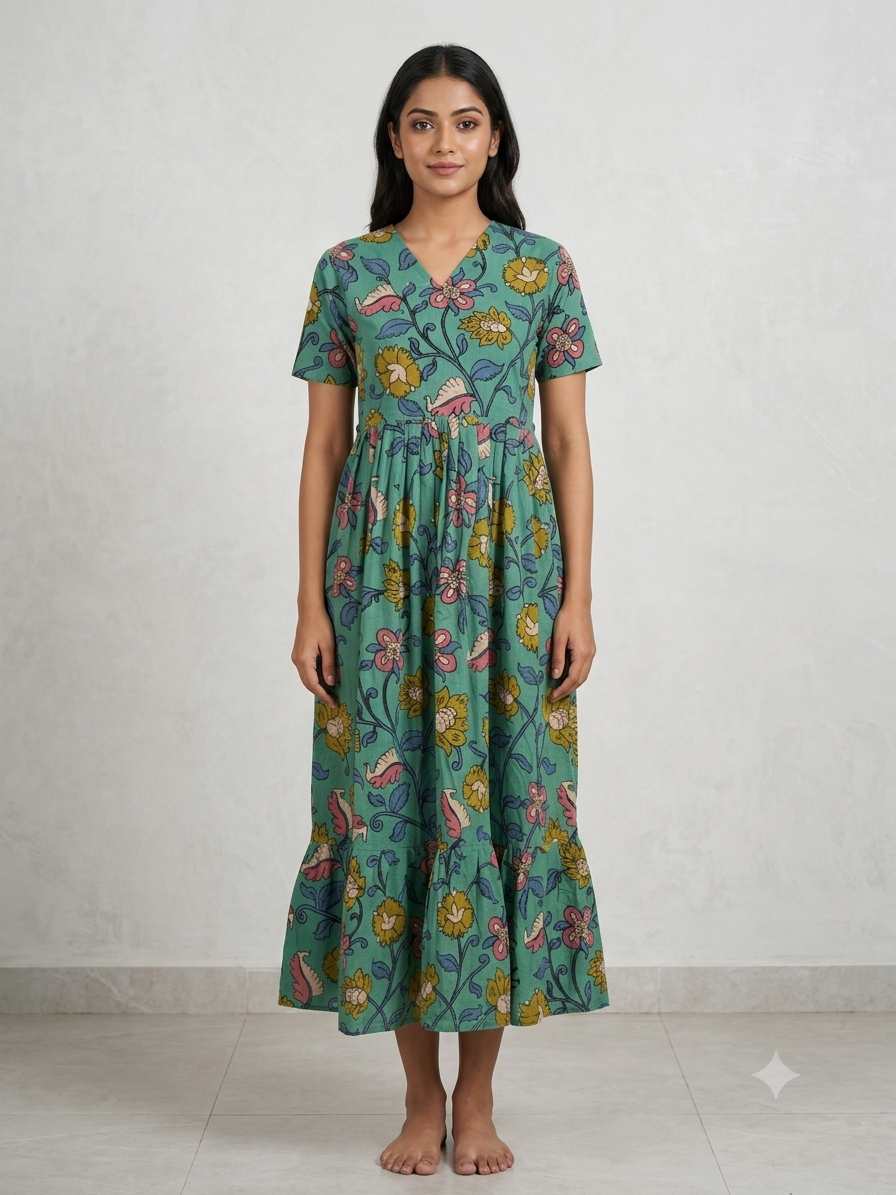 Sage Green Kalamkari Floral Vine Heritage Print Non-Feeding Maxi