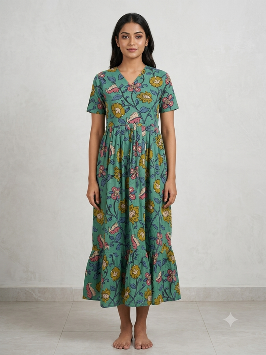 Sage Green Kalamkari Floral Vine Heritage Print Non-Feeding Maxi