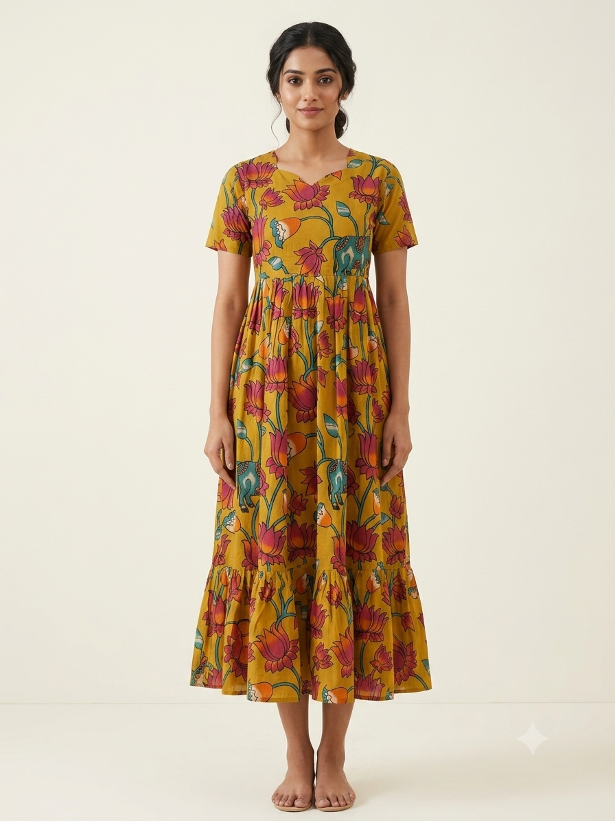 Mustard Gold Kalamkari Lotus & Elephant Heritage Print Non-Feeding Maxi
