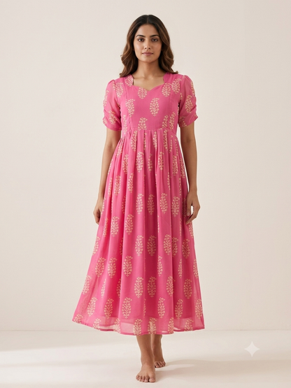 Rose Pink Golden Buta Print Feeding Georgette Maxi