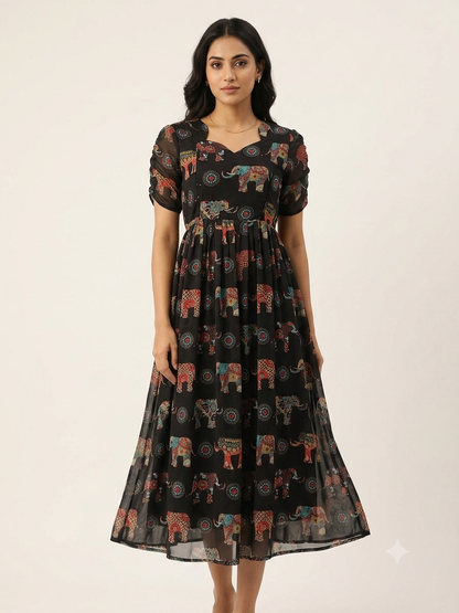 Black Elephant & Mandala Print Feeding Georgette Maxi