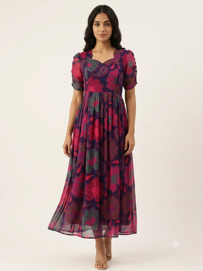 Navy Blue Floral Paisley Feeding Georgette Maxi