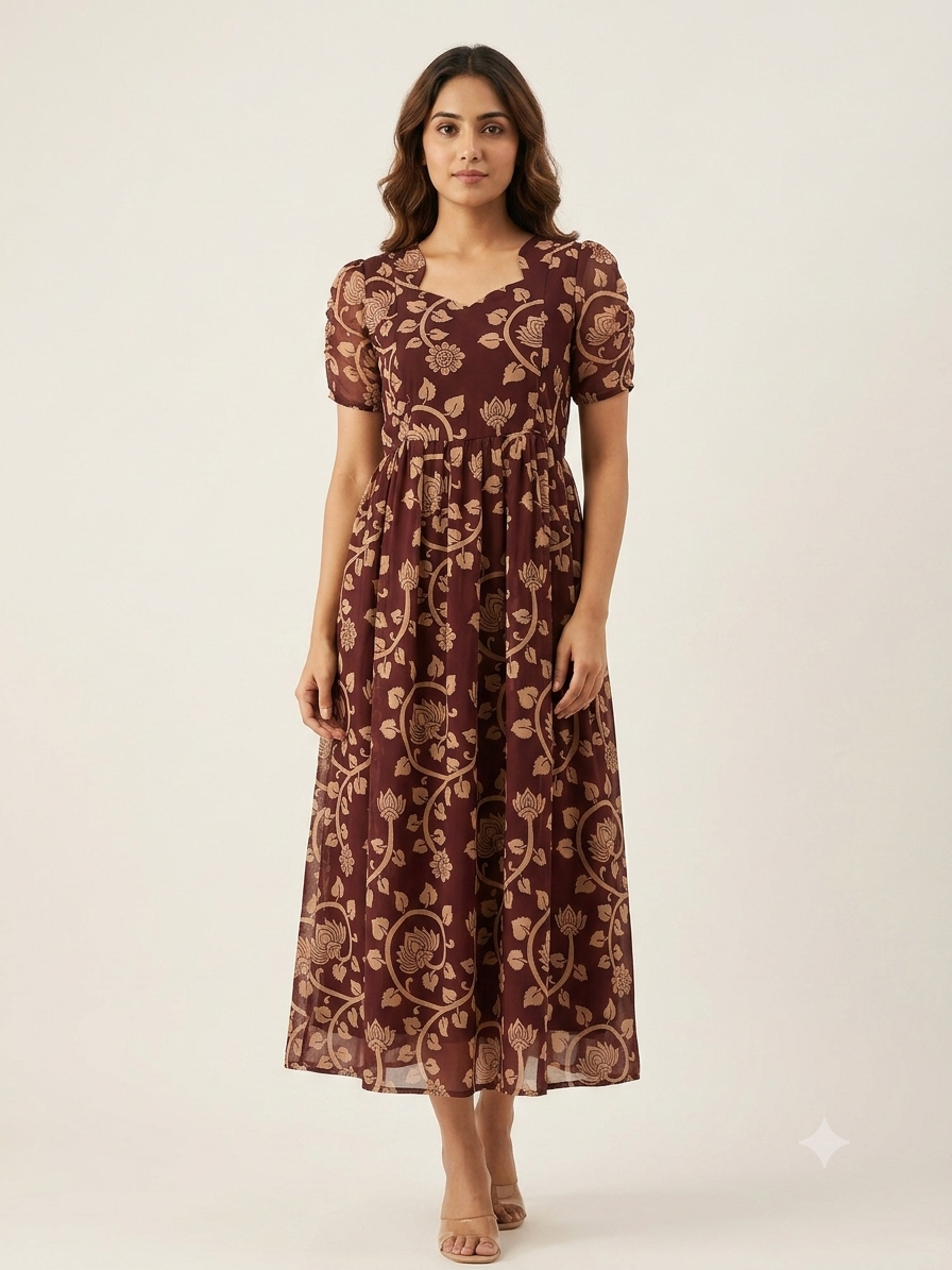 Chocolate Brown Floral & Lotus Vine Feeding Georgette Maxi