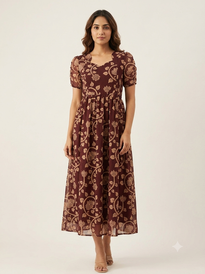 Chocolate Brown Floral & Lotus Vine Feeding Georgette Maxi