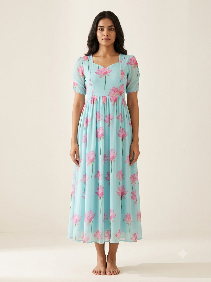 Aqua Blue Lotus Floral Feeding Georgette Maxi