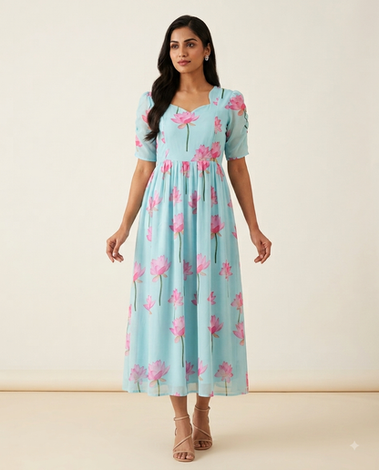 Aqua Blue Pink Lotus Floral Non-Feeding Georgette Maxi