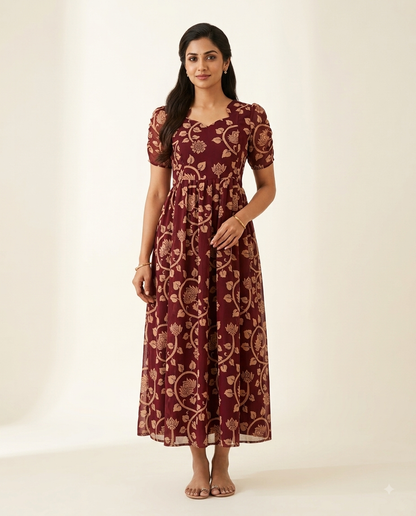Wine Floral & Lotus Vine Non-Feeding Georgette Maxi