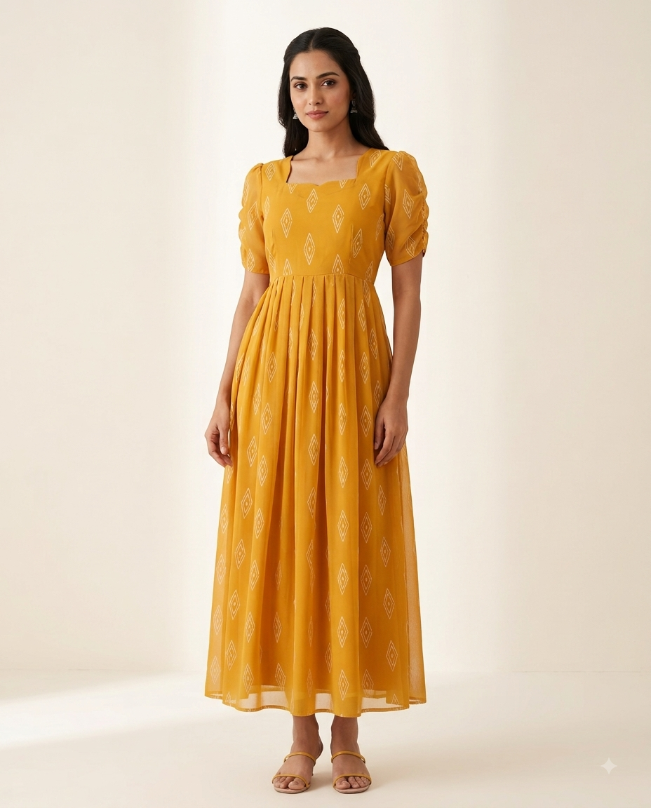 Mustard Yellow Diamond Butti Non-Feeding Georgette Maxi