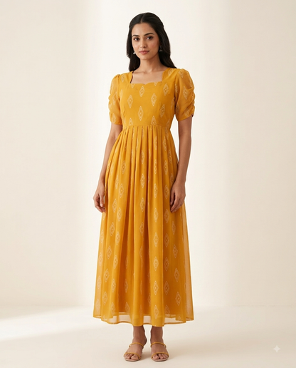 Mustard Yellow Diamond Butti Non-Feeding Georgette Maxi