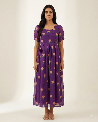 Royal Purple Tulip Floral Non-Feeding Georgette Maxi