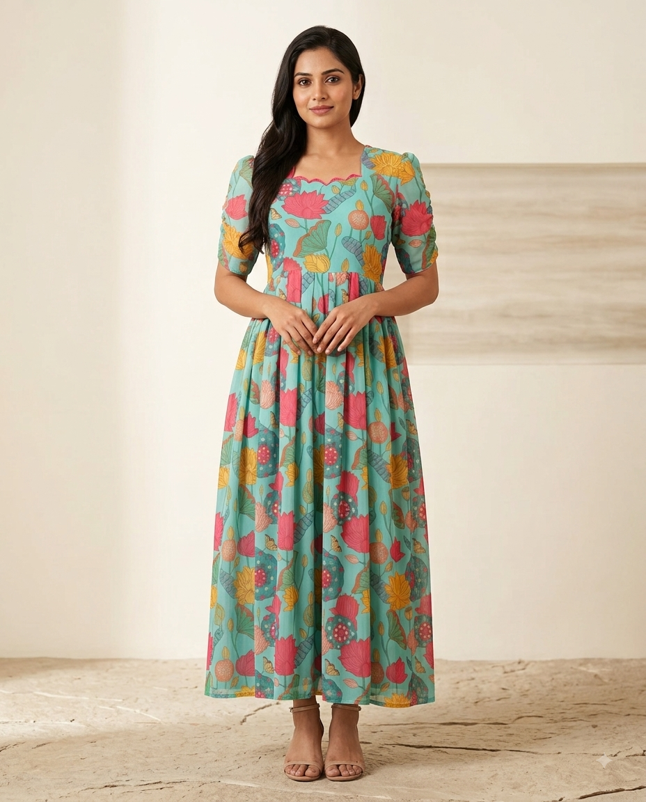 Aqua Blue Multicolor Floral Non-Feeding Georgette Maxi
