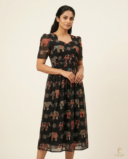 Black Elephant & Mandala Non-Feeding Georgette Maxi