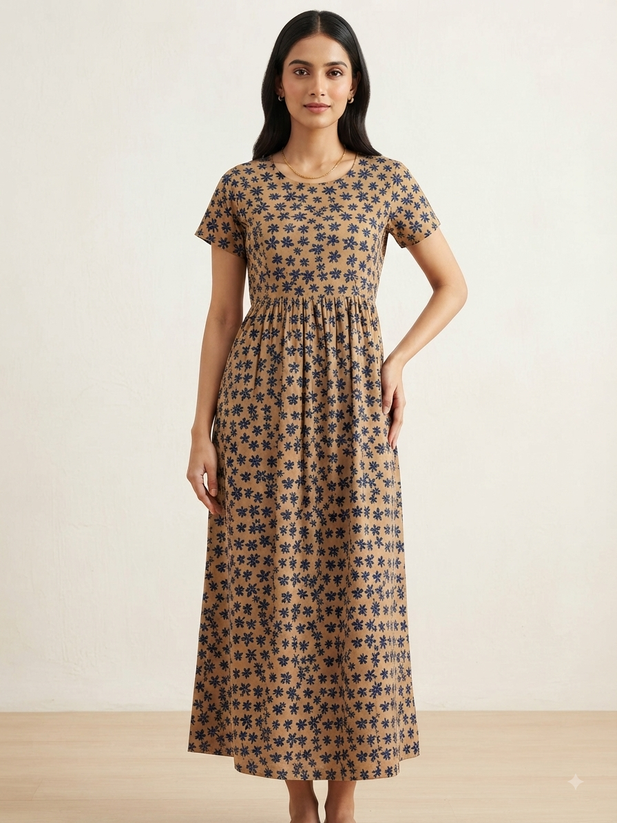 Caramel Beige Indigo Floral Lounge Frock