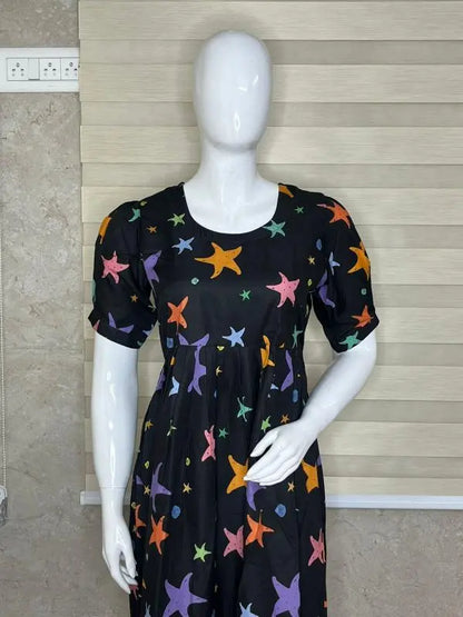 Black With Star Printed Outdoor Blended Cotton Non Feeding Maxi