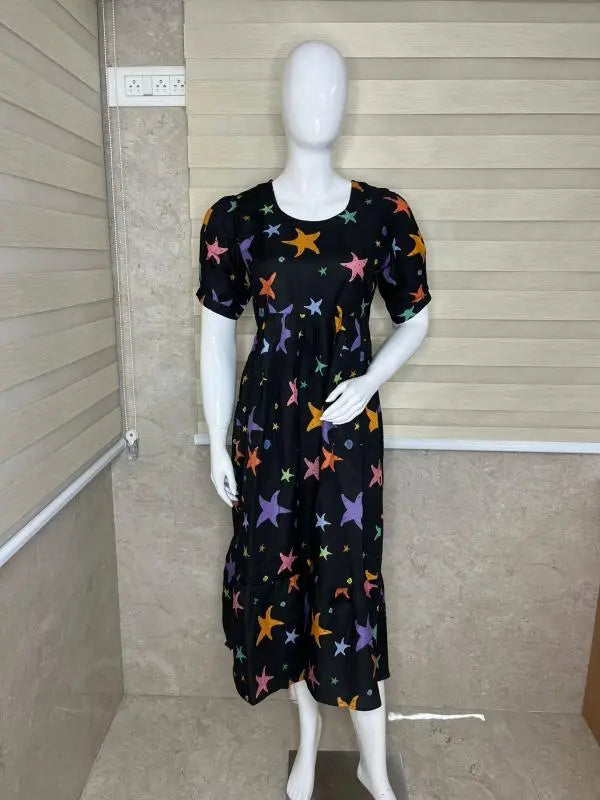 Black With Star Printed Outdoor Blended Cotton Non Feeding Maxi