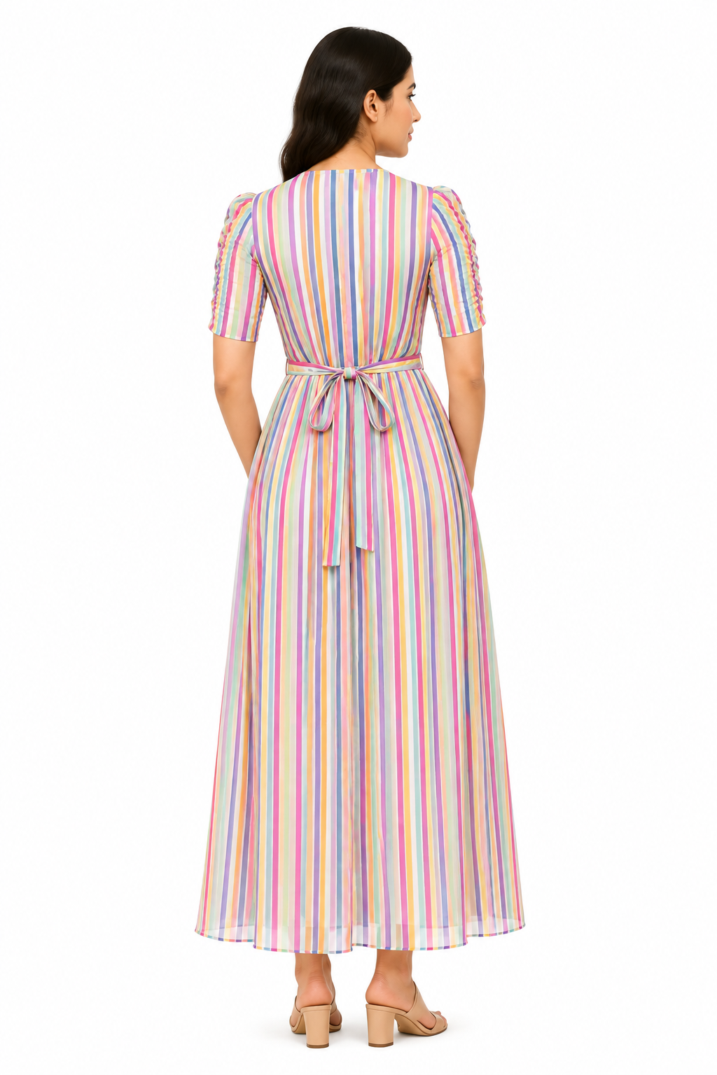 Multicolor Vertical Stripe Print Center Zip Georgette Maxi