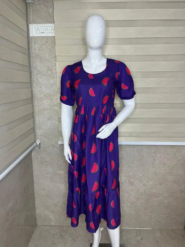 Purple With Watermelon Printed Outdoor Blended Cotton Non Feeding Maxi