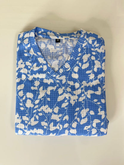 Sky Blue with White Leafy Printed V-Neck Lounge Frock