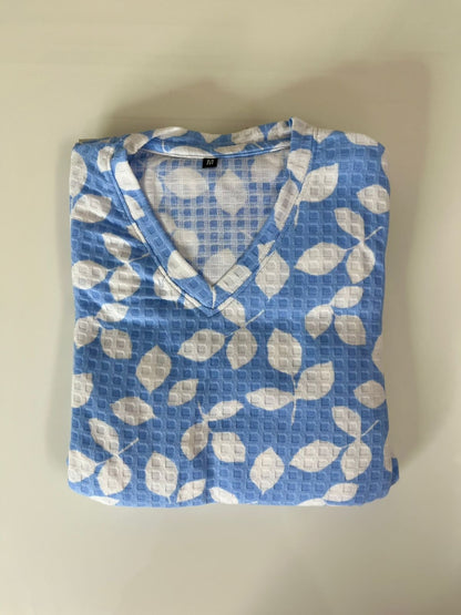 Light Blue with White Leafy Printed V-Neck Lounge Frock