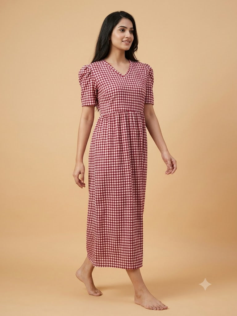Red and White Gingham Style Printed V-Neck Lounge Frock