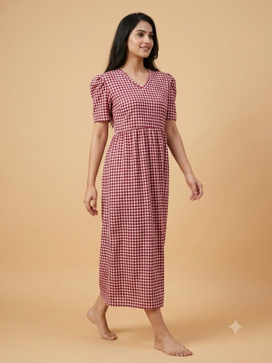 Red and White Gingham Style Printed V-Neck Lounge Frock