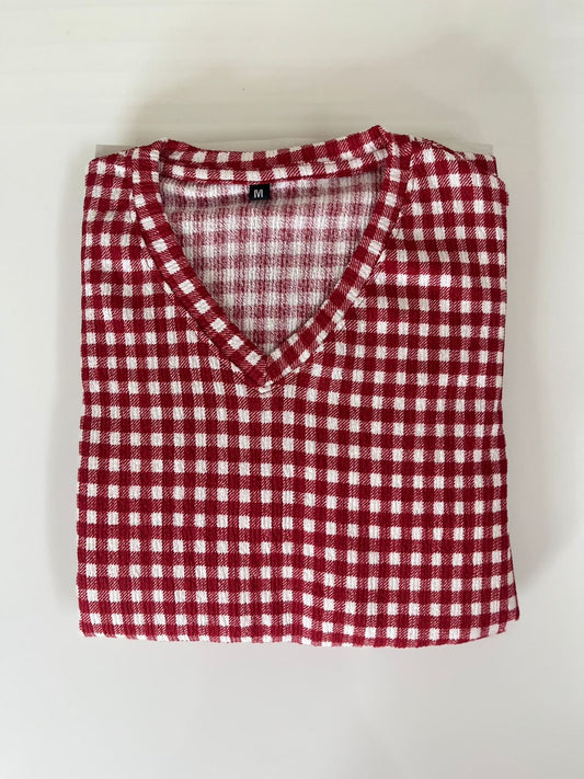 Red and White Gingham Style Printed V-Neck Lounge Frock