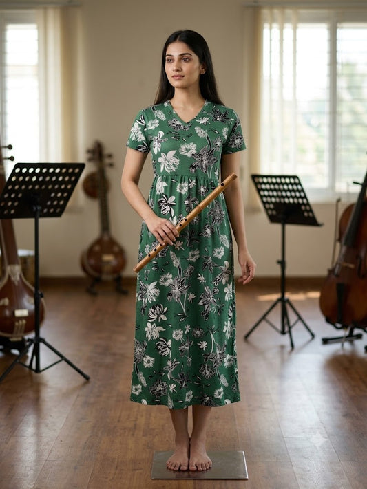 Green White Flower Printed Lounge Frock