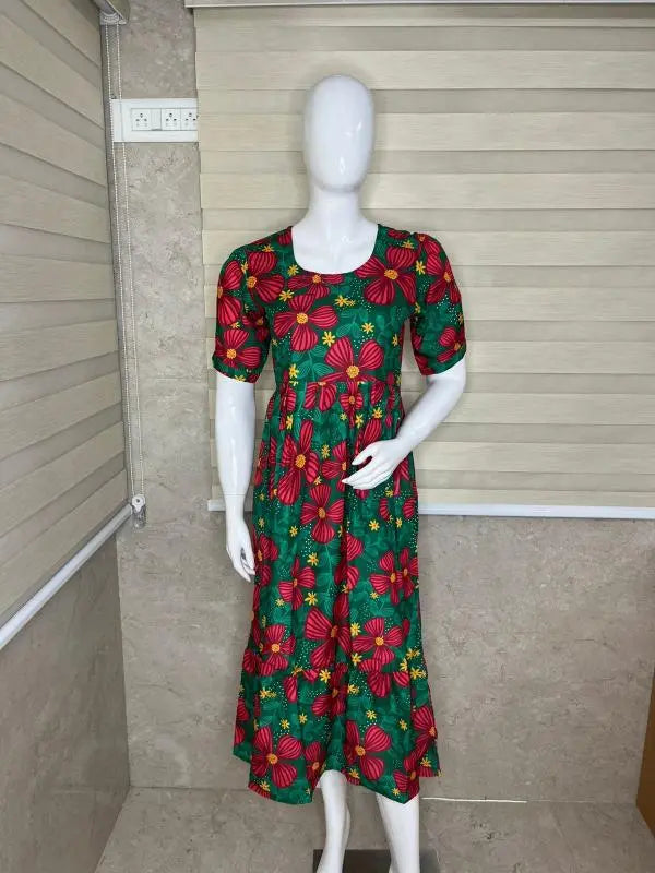 Green With Pink Flower Printed Outdoor Blended Cotton Non Feeding Maxi