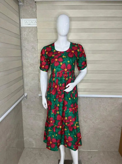 Green With Pink Flower Printed Outdoor Blended Cotton Non Feeding Maxi
