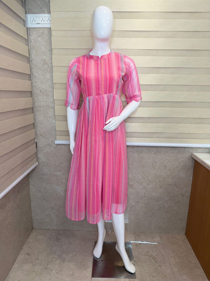Hot Pink Multicolor Stripe Print Center Zip Maxi Dress