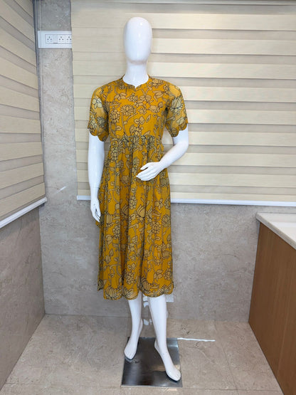 Mustard Yellow with Floral Printed Elbow Sleeves Georgette Center Zip Maxi