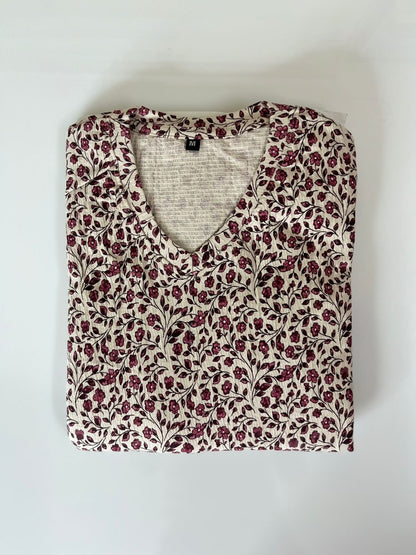 Cream with Red Floral Printed V-Neck Lounge Frock