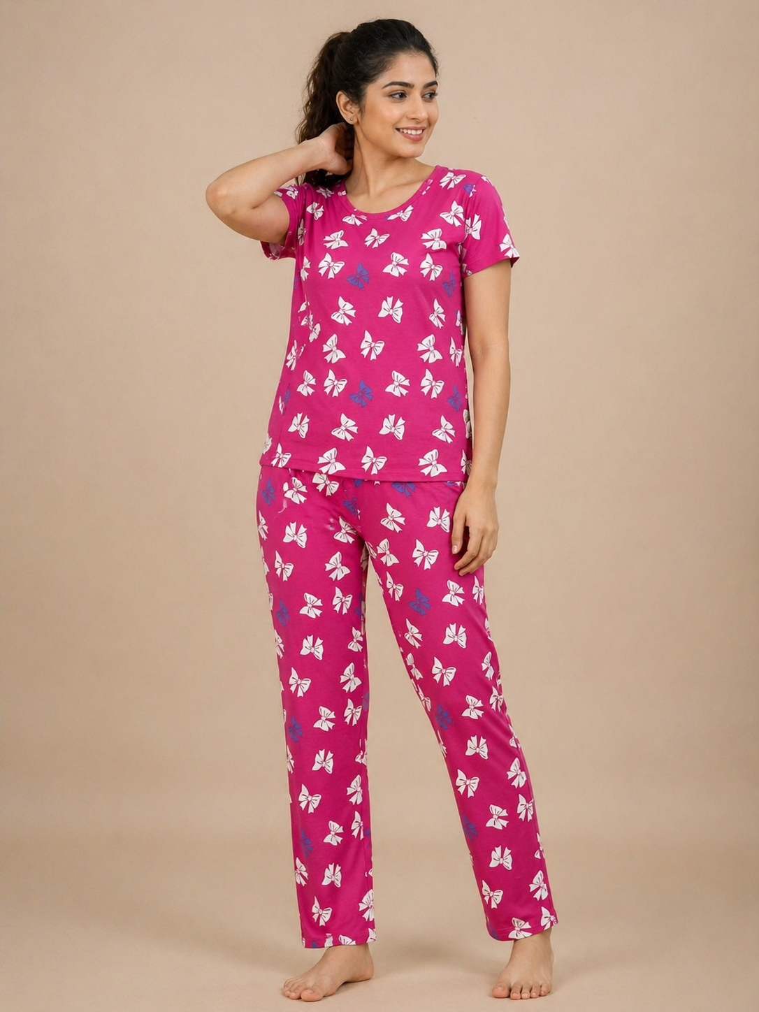 Dark Pink with Bow Pattern Printed T-shirt with Combo Pant Set