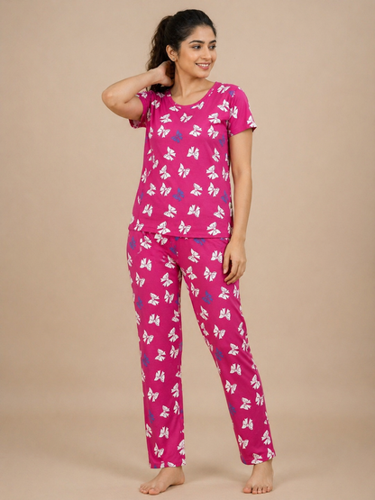 Dark Pink with Bow Pattern Printed T-shirt with Combo Pant Set