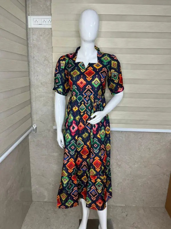Navy Blue With Geometric Diamond Printed Outdoor Blended Cotton Non Feeding Maxi