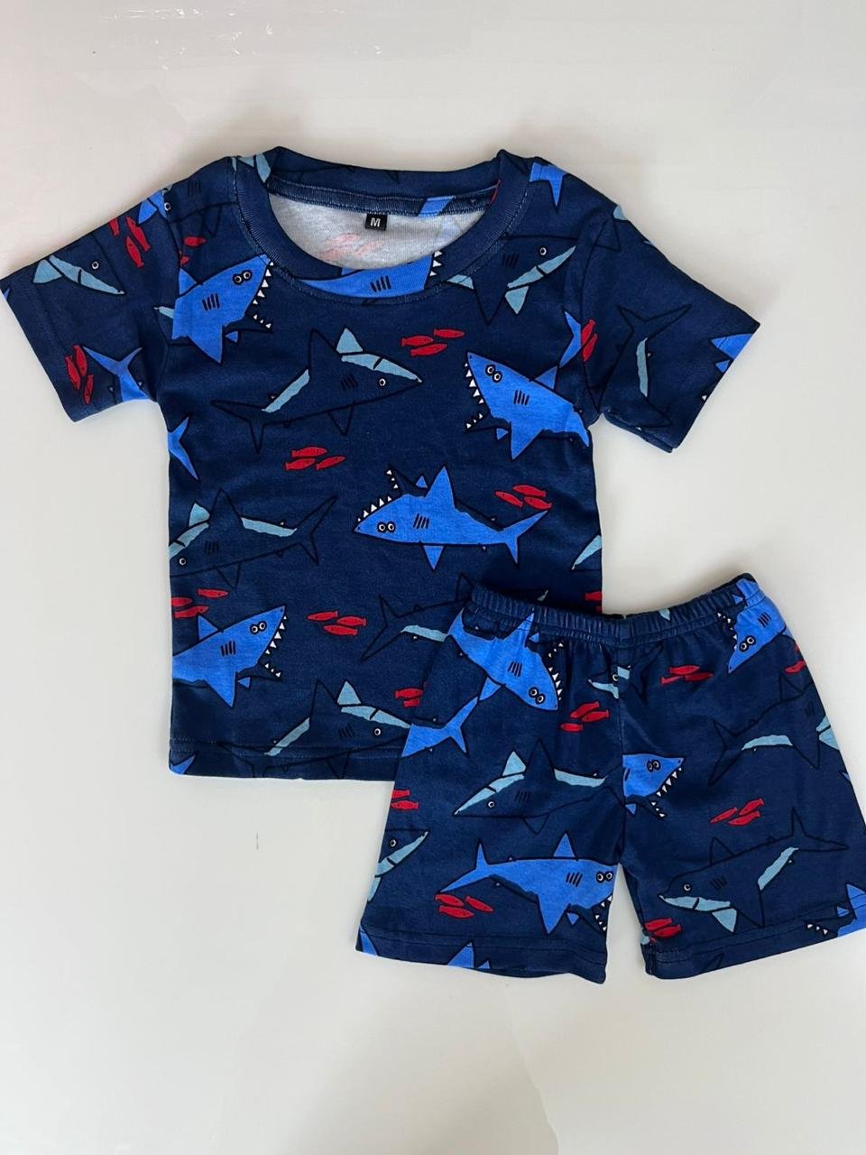 Navy Blue Shark Printed Kids T-shirt and Shorts Coords