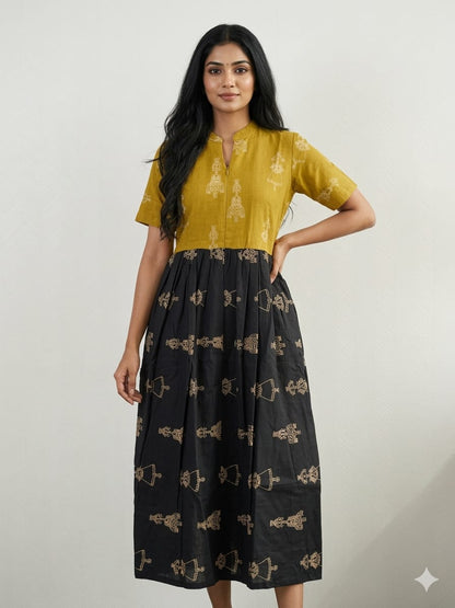 Mustard Yellow Warli Print Cotton Maxi