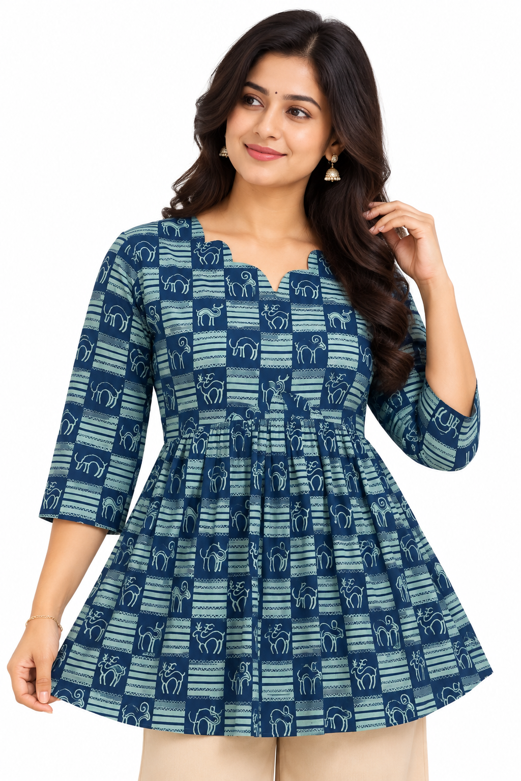 Women's Teal Navy Blue Ethnic Animal Print Peplum Kurta Top