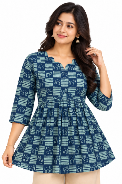 Women's Teal Navy Blue Ethnic Animal Print Peplum Kurta Top