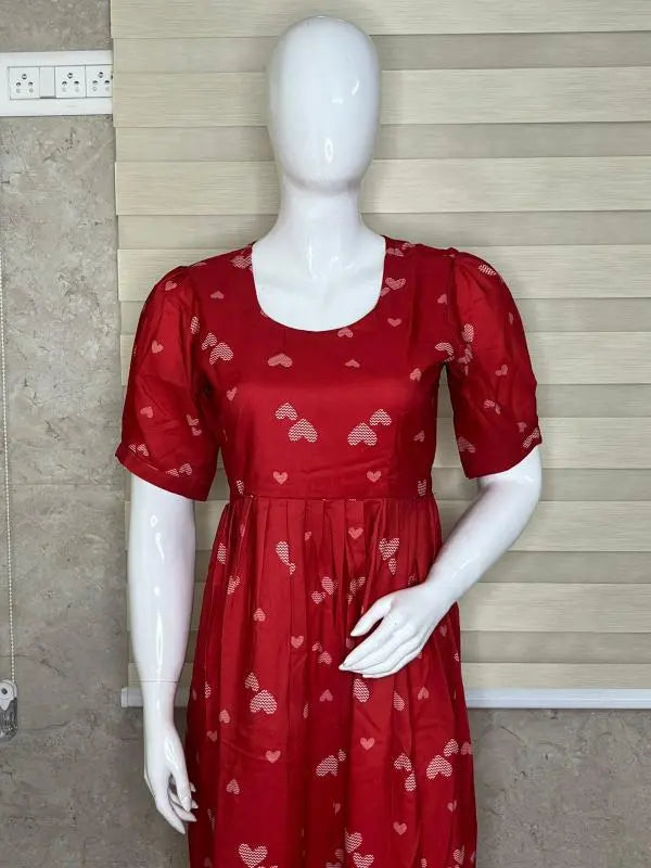 Red With Heart Printed Outdoor Blended Cotton Non Feeding Maxi