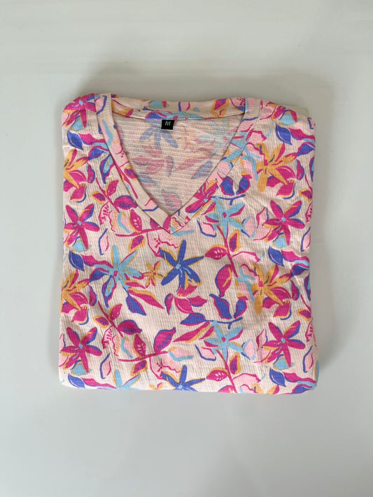 Cream with Pinky Floral Printed V-Neck Lounge Frock