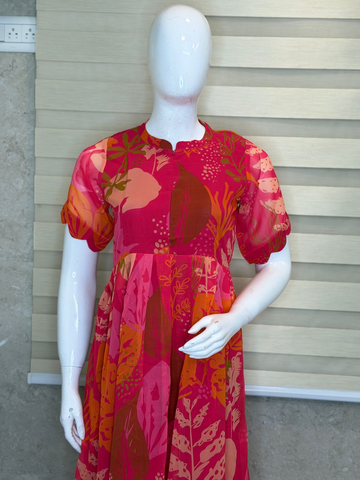 Dark Pink with Foliage Printed Elbow Sleeves Georgette Center Zip Maxi