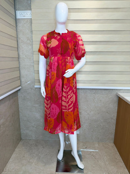 Dark Pink with Foliage Printed Elbow Sleeves Georgette Center Zip Maxi