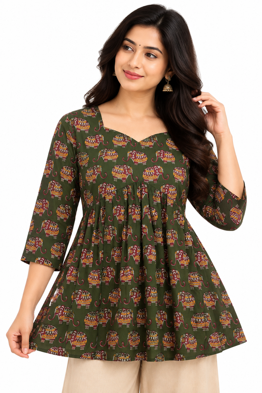 Women's Olive Green Ethnic Elephant Print Peplum Kurta Top