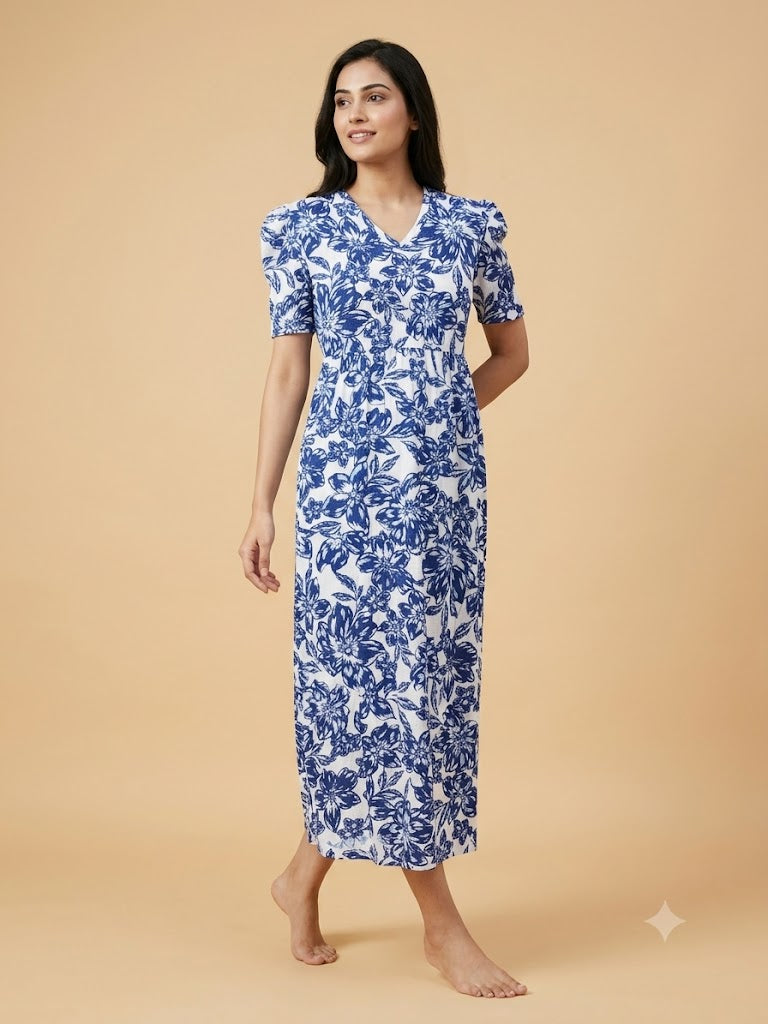 Cream with Navy Blue Floral Printed V-Neck Lounge Frock